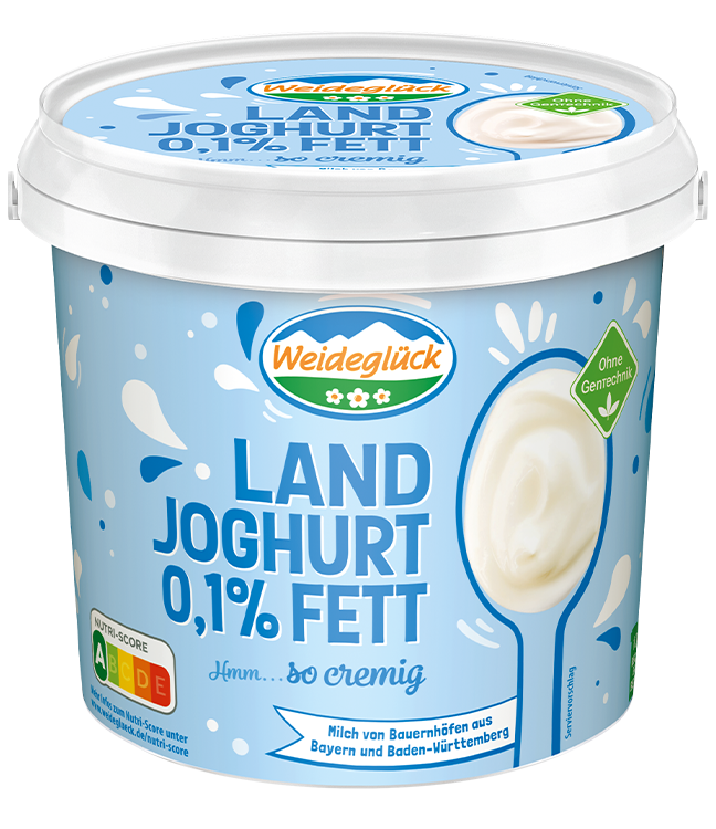 Packshot Weideglück Landjoghurt 0,1 Prozent Fett 1000g 1kg Becher