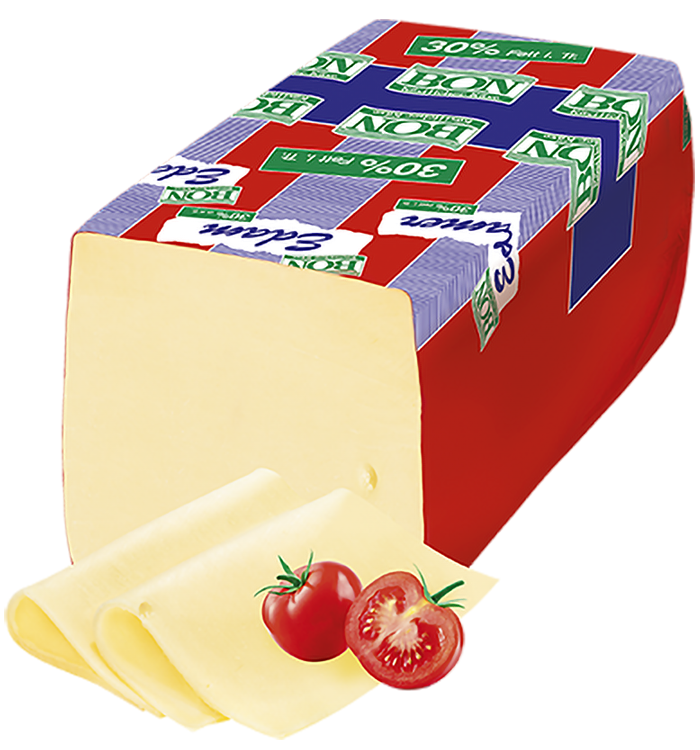Packshot Weideglück Käse an der Theke Bon Edamer 30 Prozent Fett i. Tr. Standardbrot
