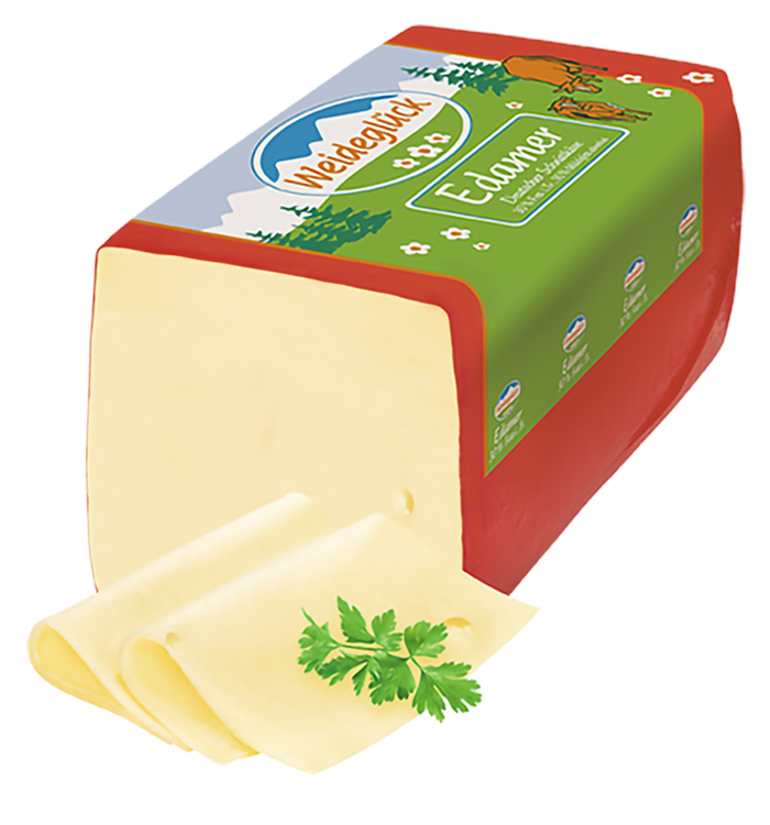Packshot Weideglück Käse an der Theke Edamer 30 Prozent Fett i. Tr. Standardbrot